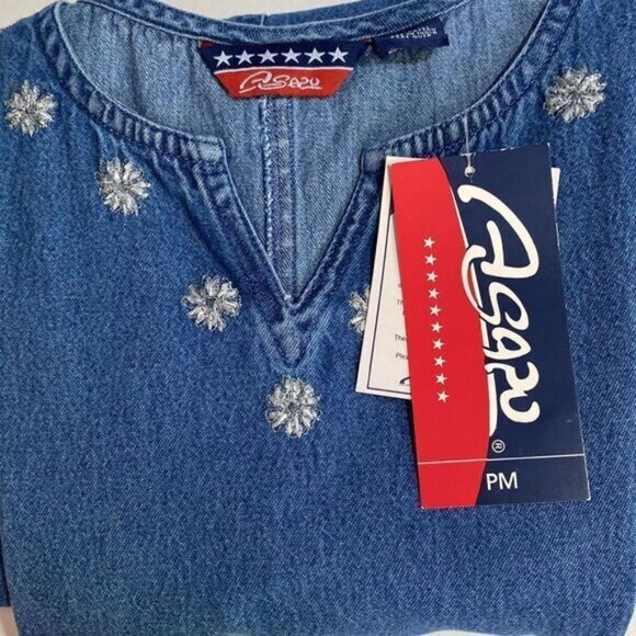 Agapo Denim Embroidered Sleeveless Maxi Dress Size PM Blue with Silver Flowers - Picture 6 of 6